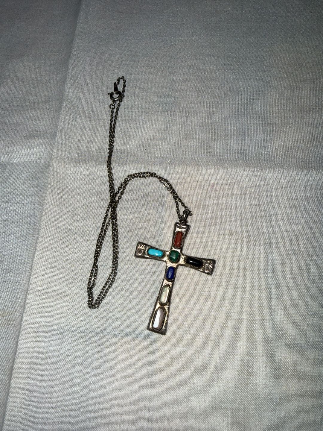 Zuni Handmade Cross Necklace 925 Silver Natural Gemstone Signed W Iul 90$